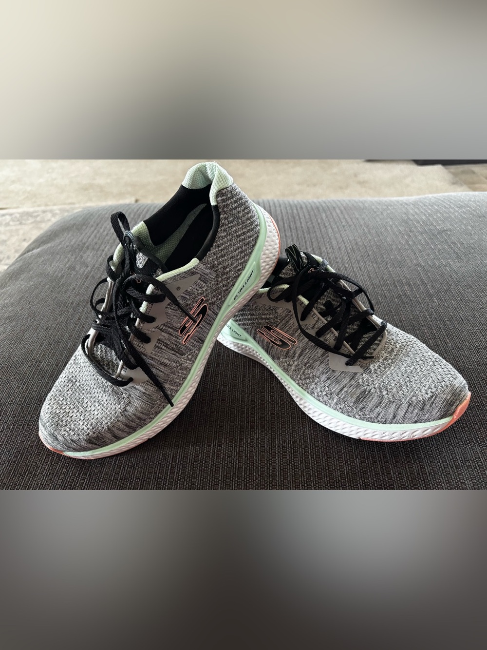 Skechers Women's Gray Knit Athletic Sneakers with Mint Trim and Rose Gold Logo